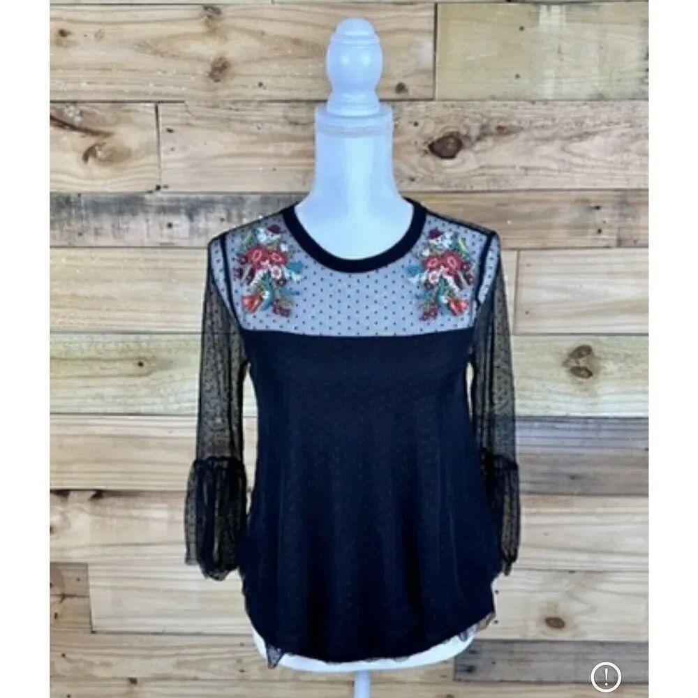 Maurice’s Black Mesh Floral Embroidered Lined Layered Crop Shirt Women’s Size XS